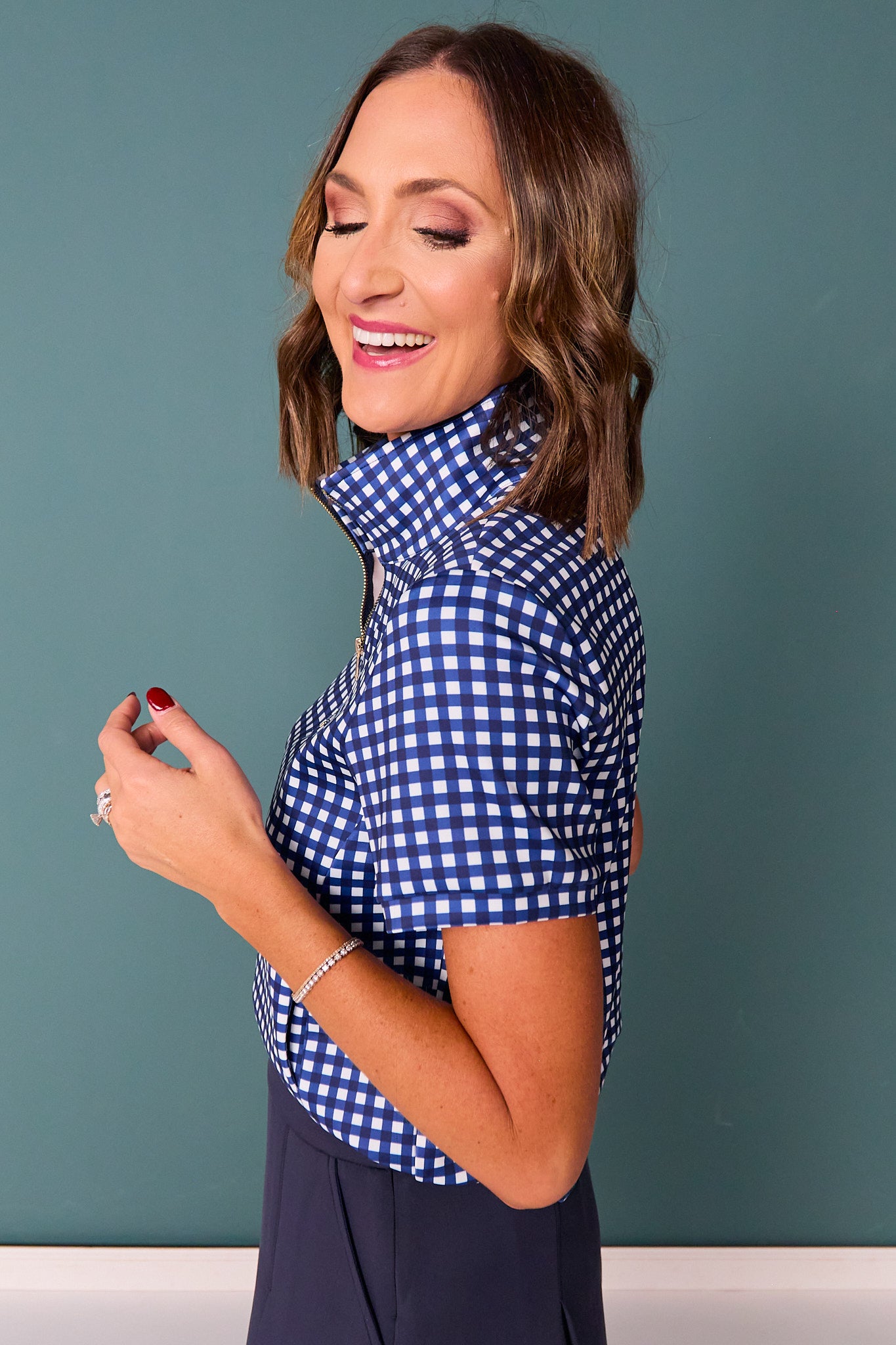 SSYS Scuba Short Sleeve Zip Up Top In Navy Gingham
