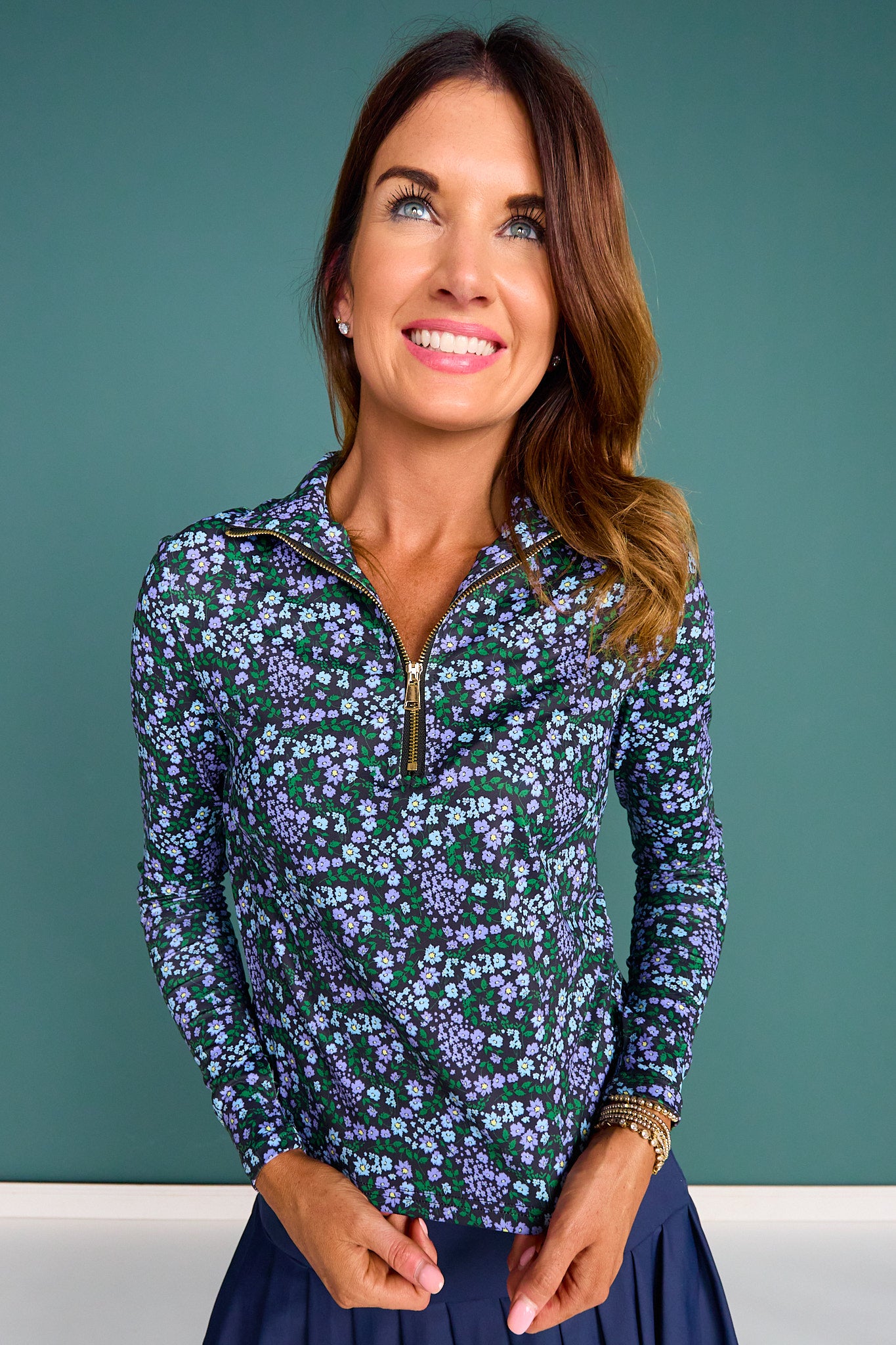 SSYS Long Sleeve Quarter Zip Top In Navy Floral