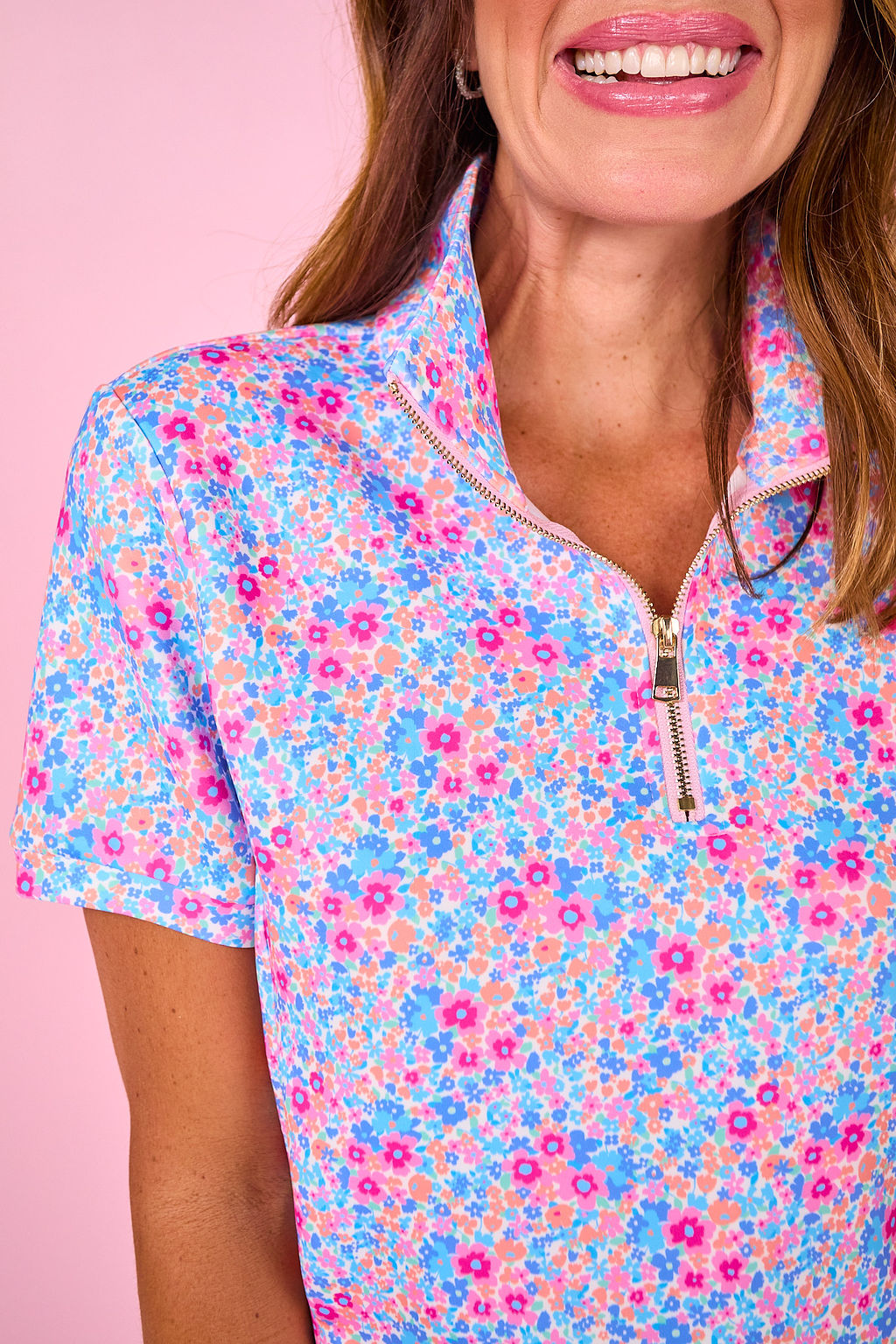 SSYS Scuba Short Sleeve Pink Contrast Zip Up Top In Ditsy Floral