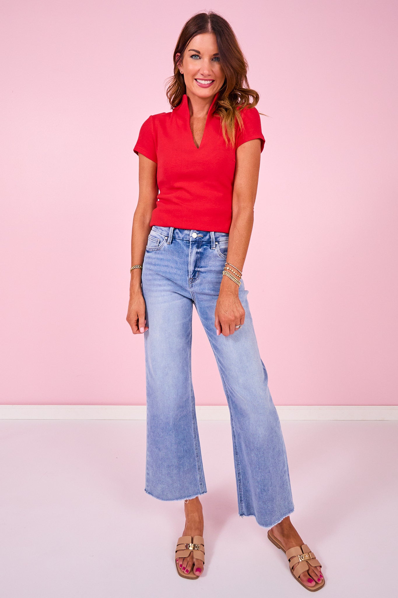 SSYS Elle High Neck Short Sleeve Top In Red