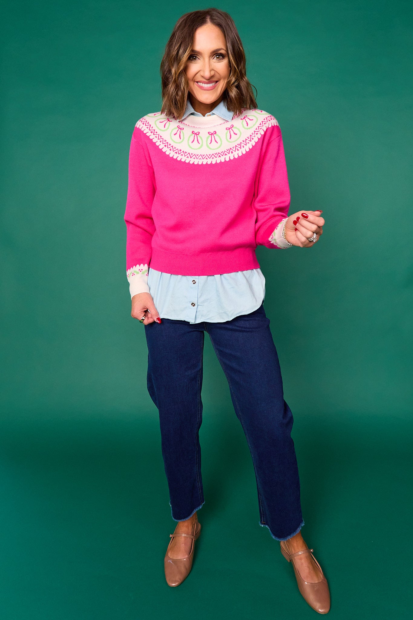 SSYS Keira Crew Neck Long Sleeve Wreath Sweater In Hot Pink