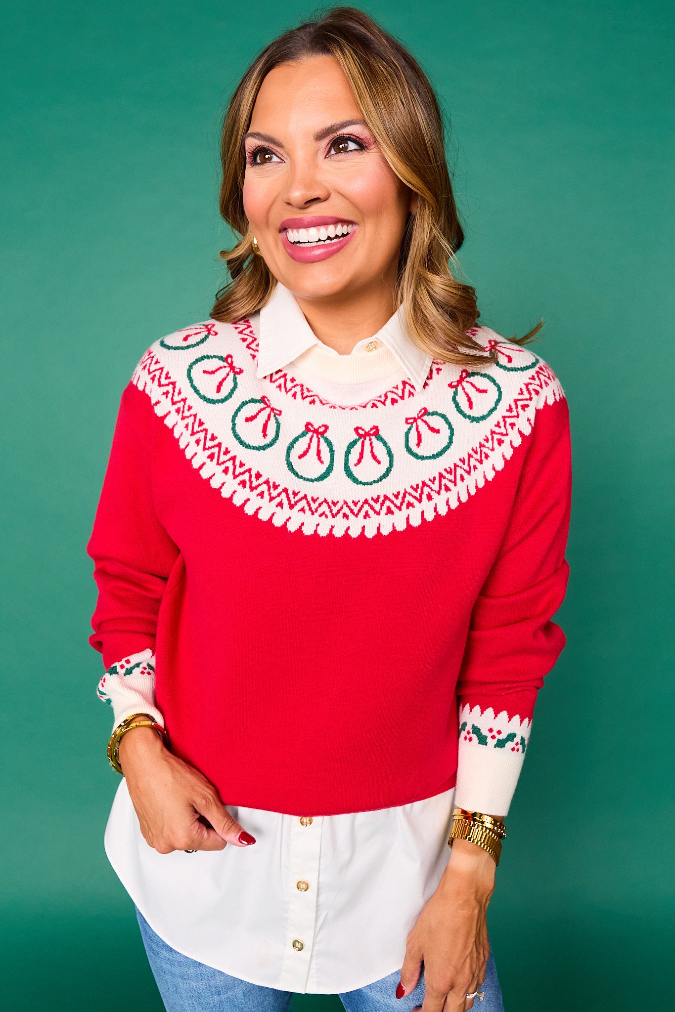 SSYS Keira Crew Neck Long Sleeve Wreath Sweater In Red