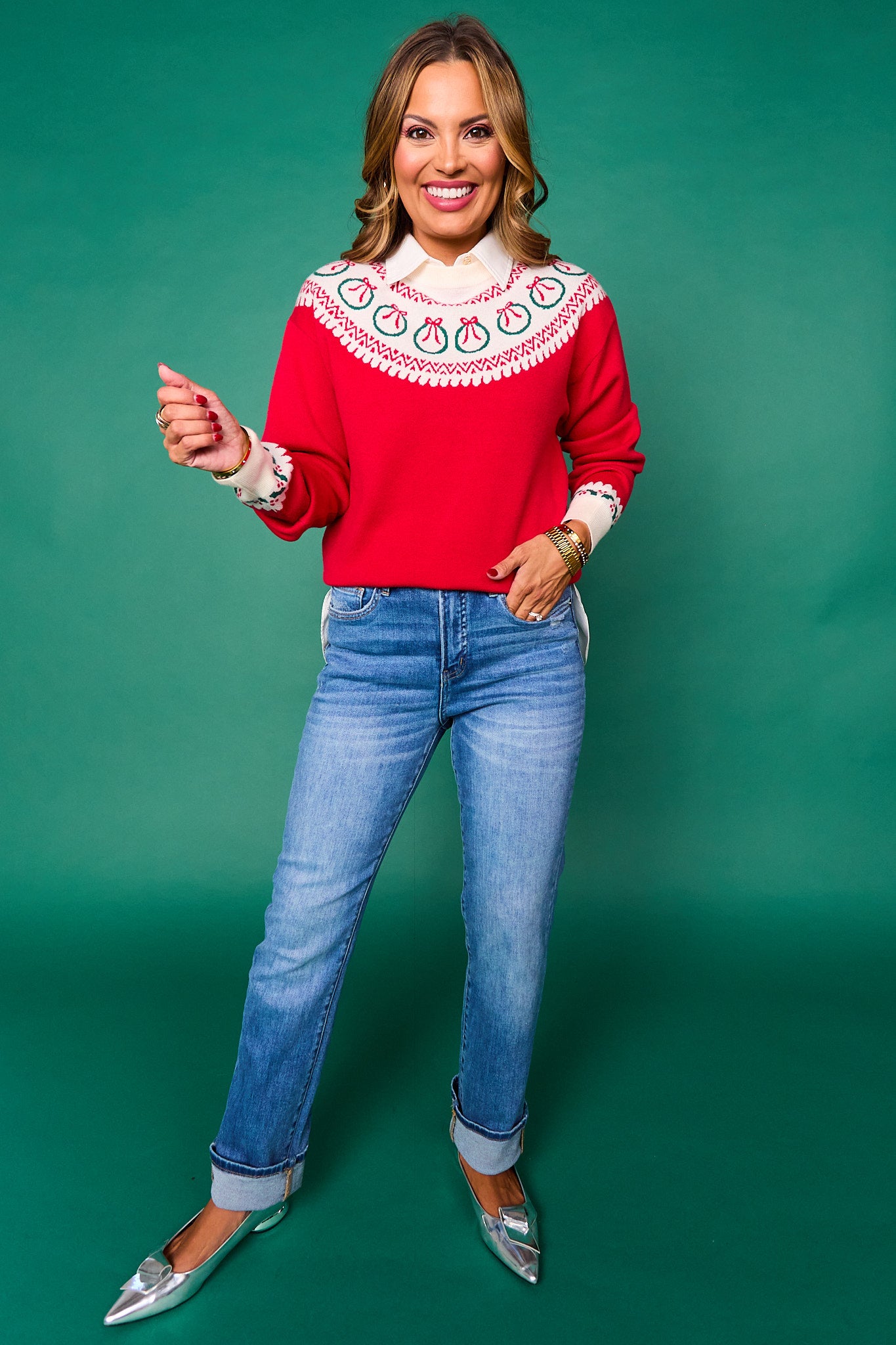 SSYS Keira Crew Neck Long Sleeve Wreath Sweater In Red