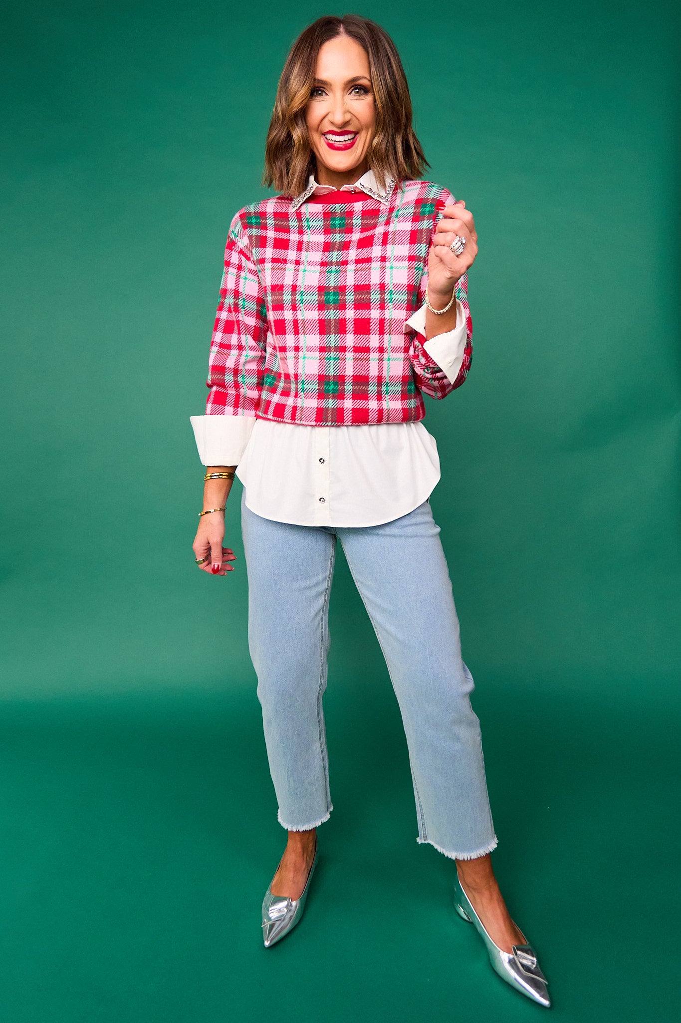 SSYS Keira Crew Neck Long Sleeve Plaid Sweater In Red Green