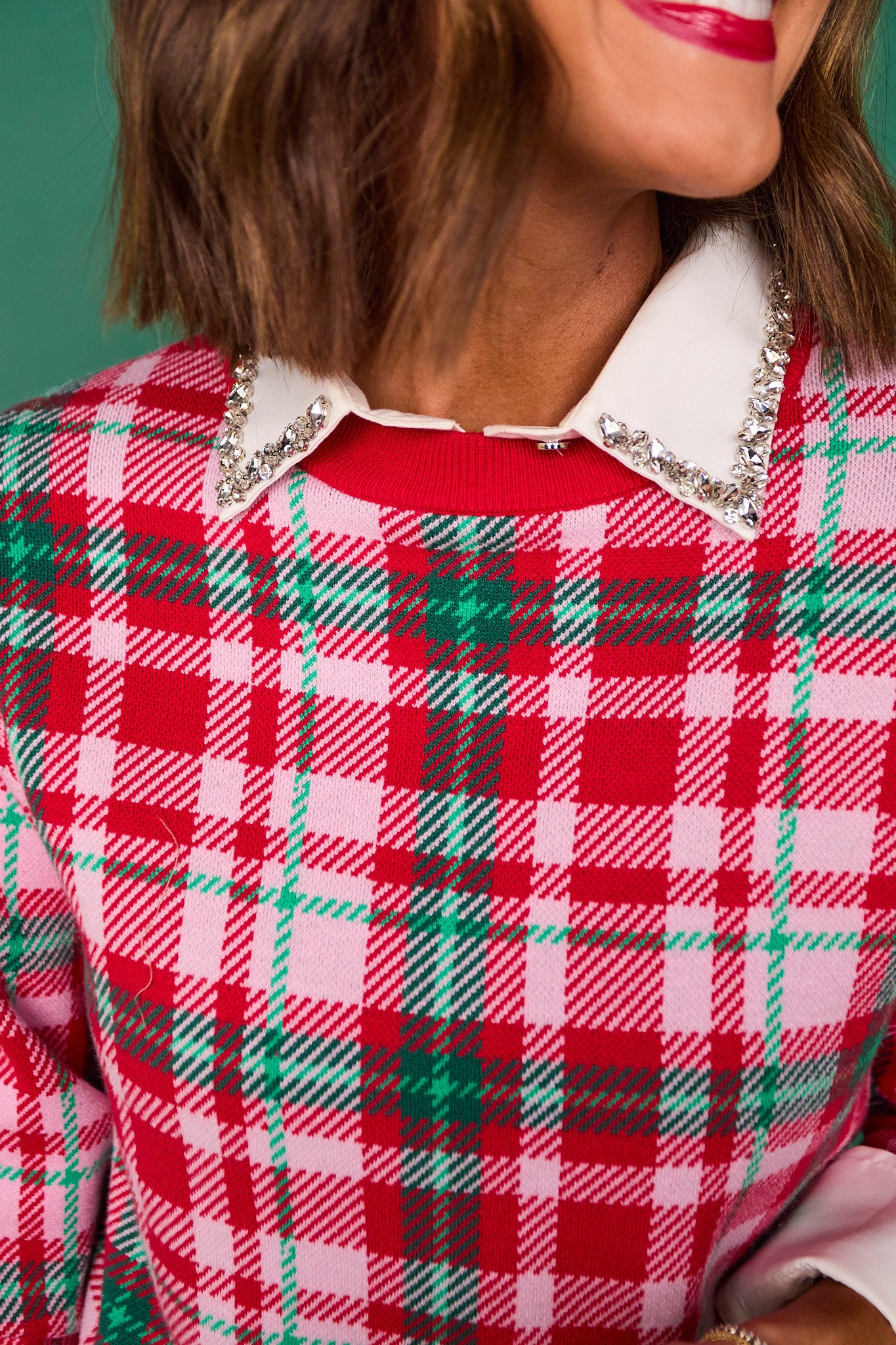 SSYS Keira Crew Neck Long Sleeve Plaid Sweater In Red Green