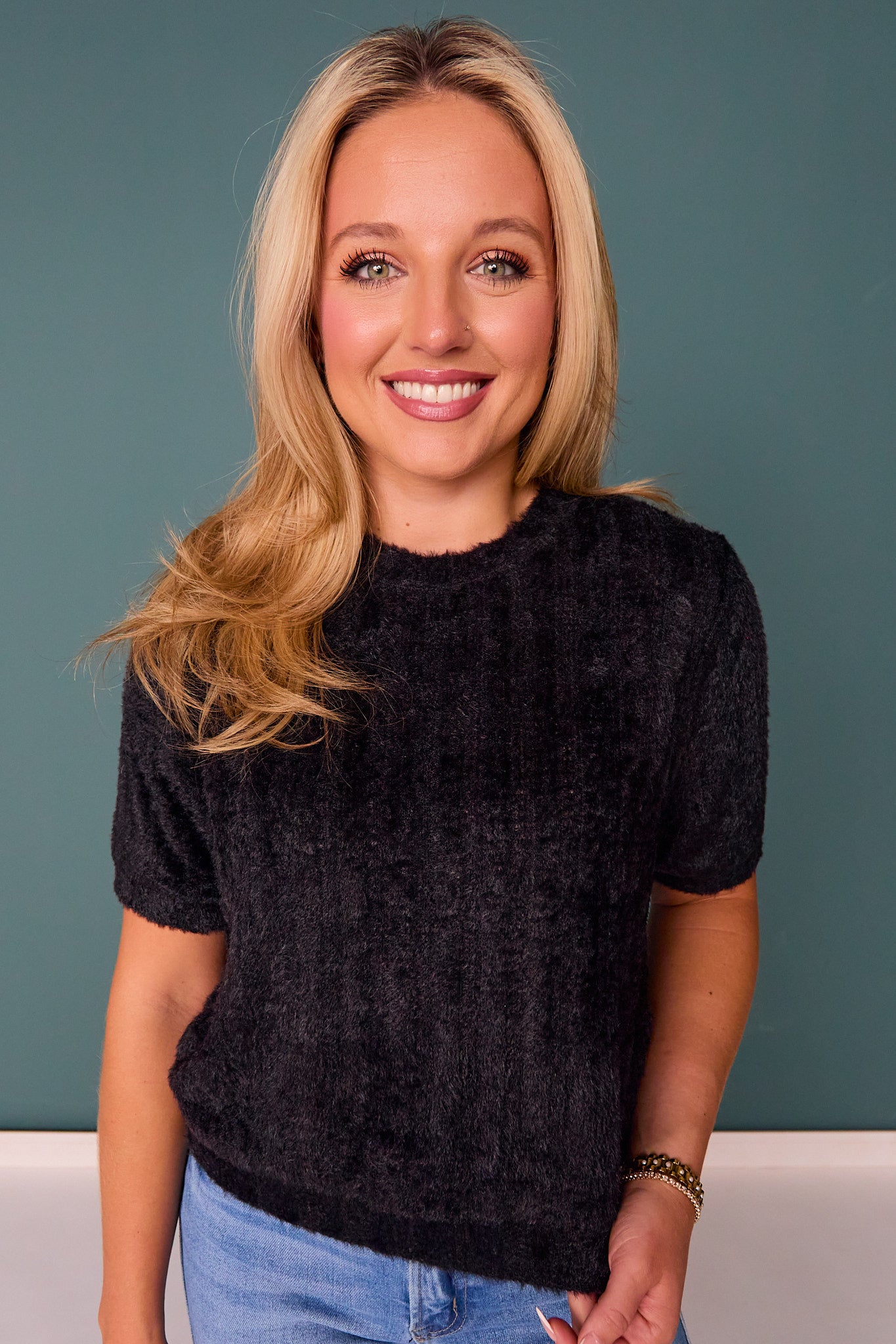 SSYS Nikki Short Sleeve Furry Sweater Top In Black *FINAL SALE*