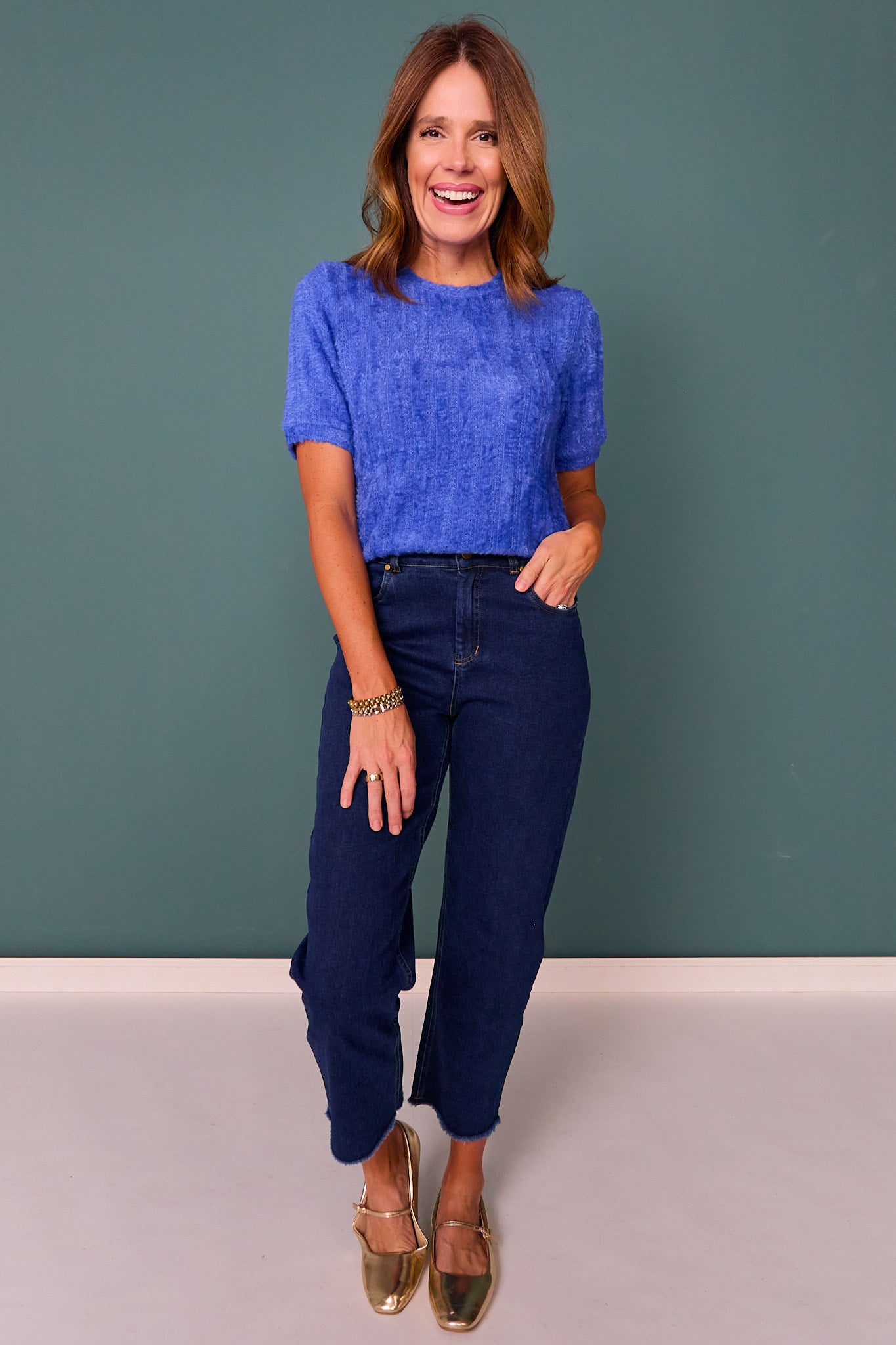 SSYS Nikki Short Sleeve Furry Sweater Top In Royal *FINAL SALE*