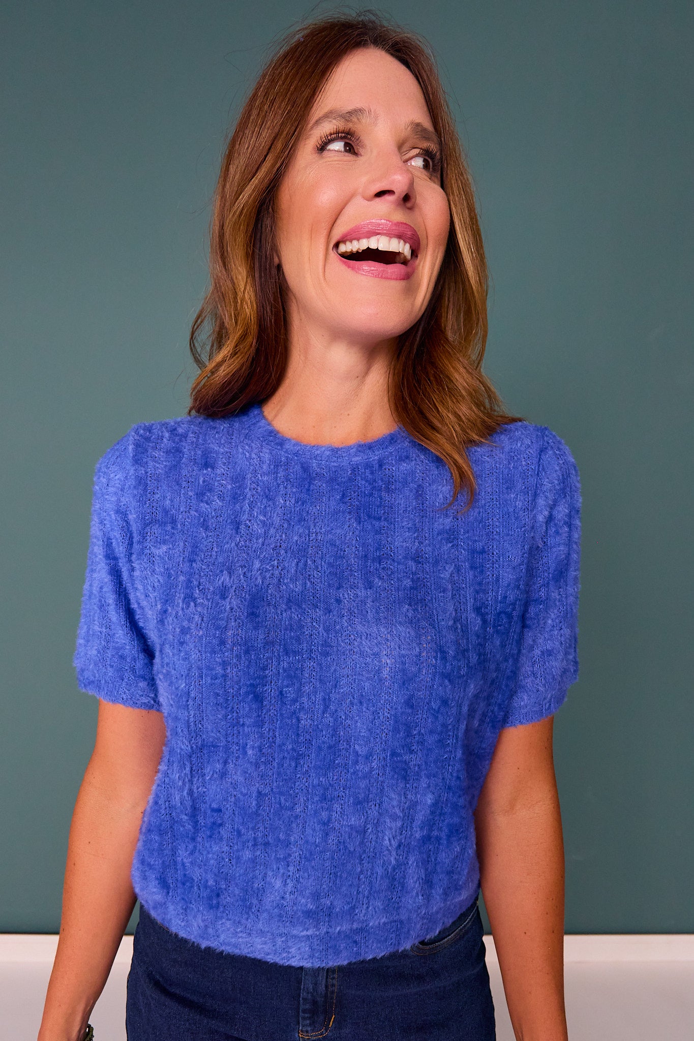 SSYS Nikki Short Sleeve Furry Sweater Top In Royal *FINAL SALE*