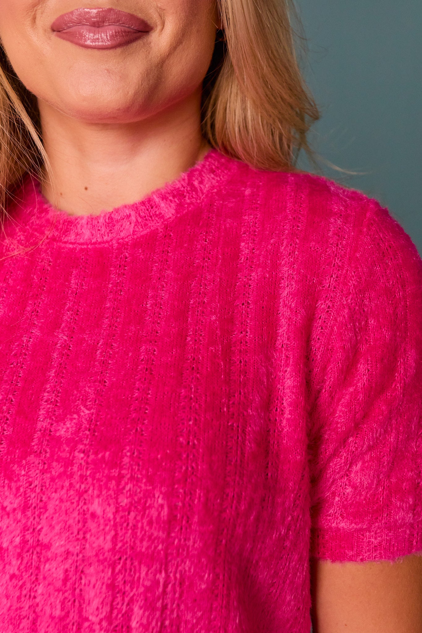 SSYS Nikki Short Sleeve Furry Sweater Top In Hot Pink *FINAL SALE*