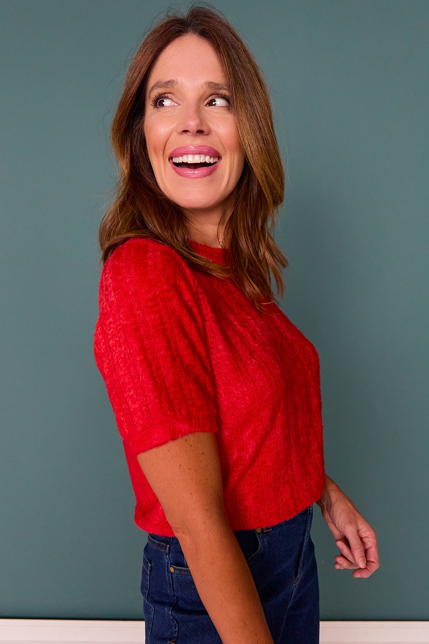 SSYS Nikki Short Sleeve Furry Sweater Top In Red *FINAL SALE*