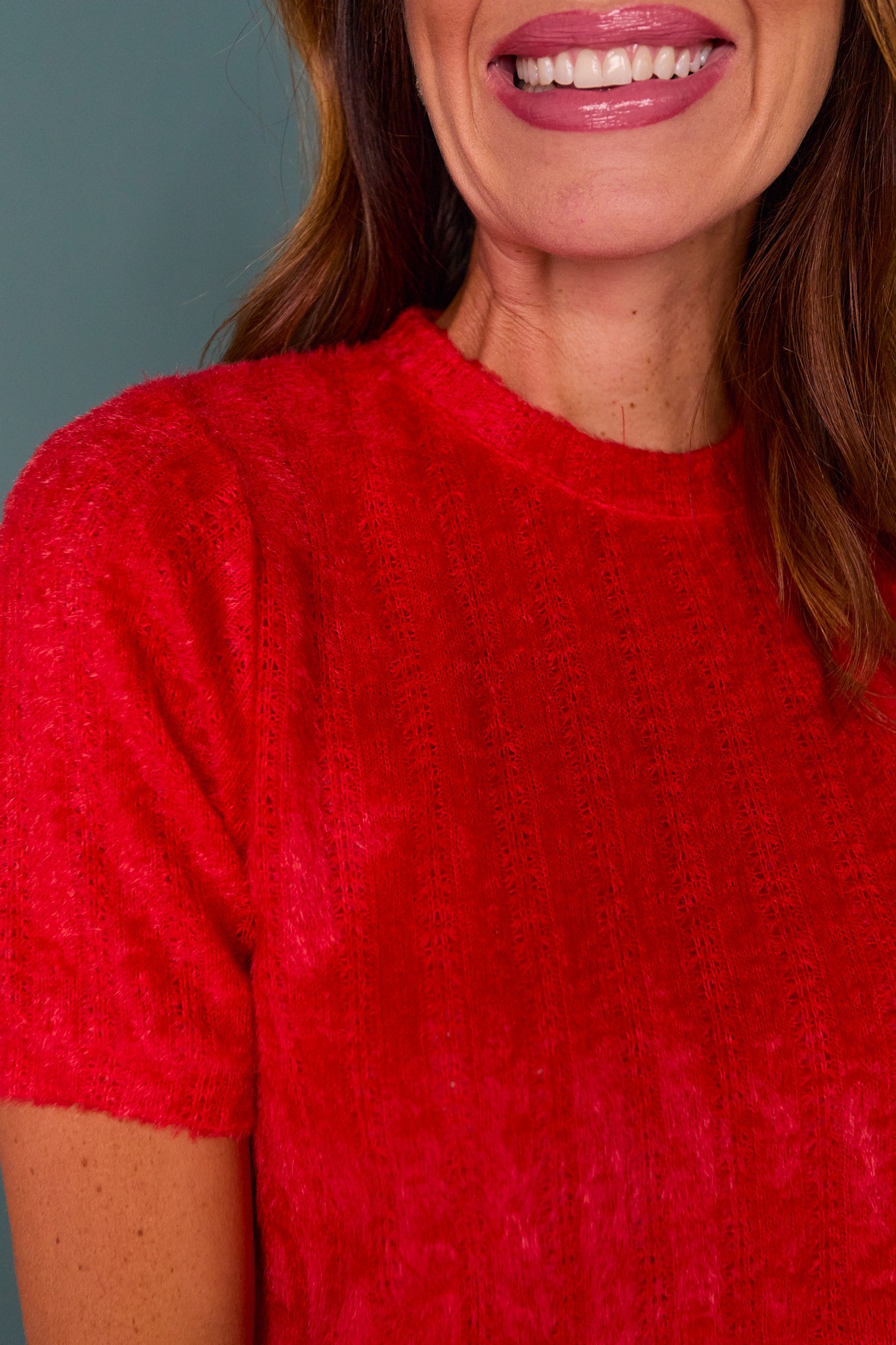 SSYS Nikki Short Sleeve Furry Sweater Top In Red *FINAL SALE*