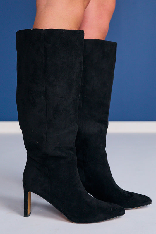 Black Faux Suede Tall Heeled Boots