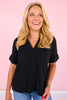 SSYS Harlie Short Sleeve Collared V Neck Waffle Knit Top in Black *FINAL SALE*