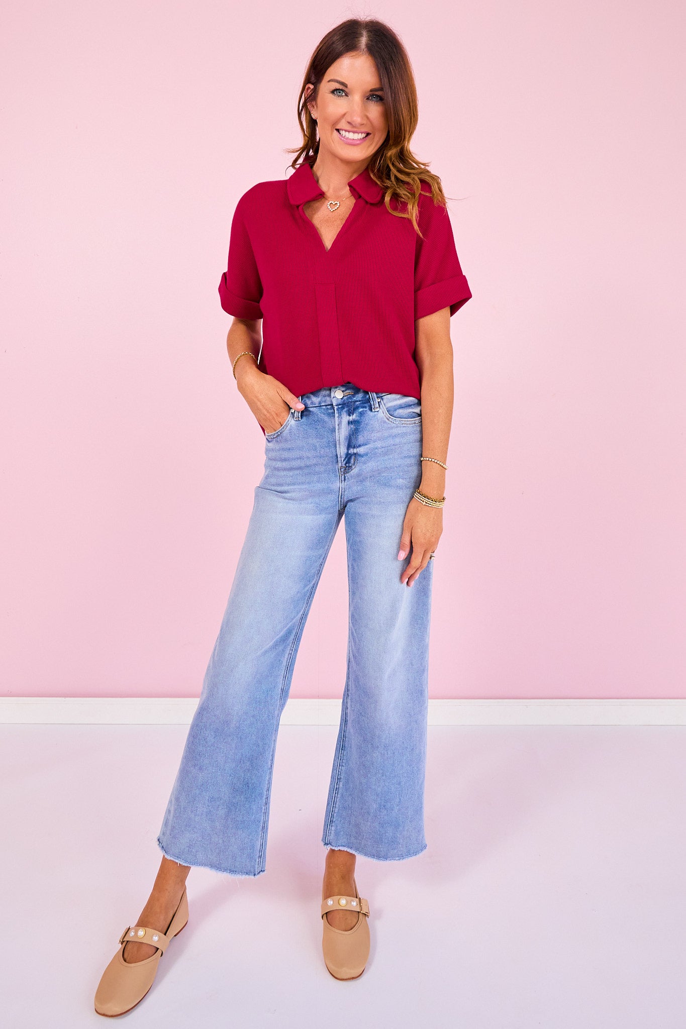SSYS Harlie Short Sleeve Collared V Neck Waffle Knit Top in Cherry *FINAL SALE*