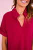 SSYS Harlie Short Sleeve Collared V Neck Waffle Knit Top in Cherry *FINAL SALE*