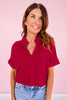 SSYS Harlie Short Sleeve Collared V Neck Waffle Knit Top in Cherry *FINAL SALE*