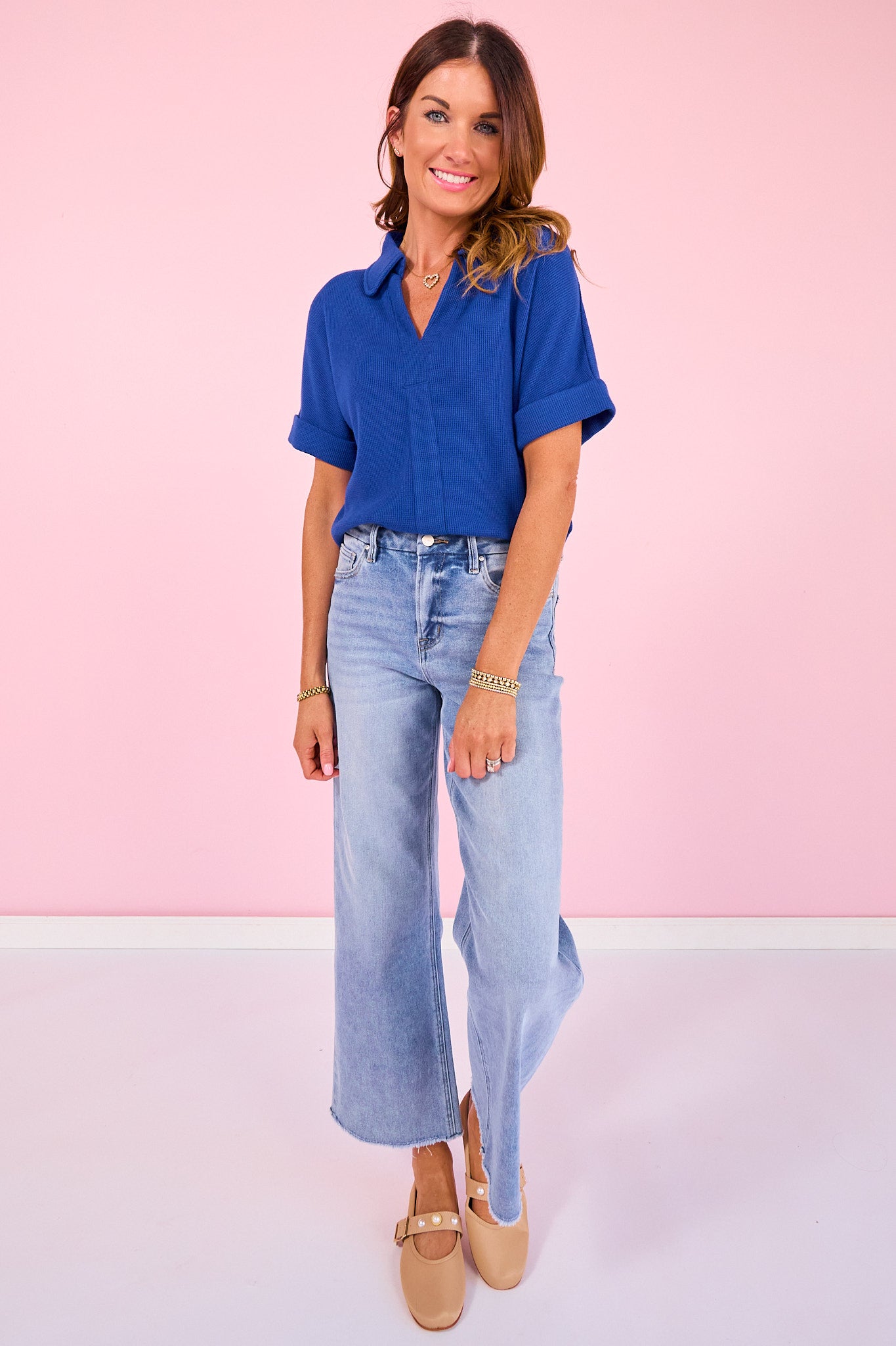 SSYS Harlie Short Sleeve Collared V Neck Waffle Knit Top in Dark Blue *FINAL SALE*