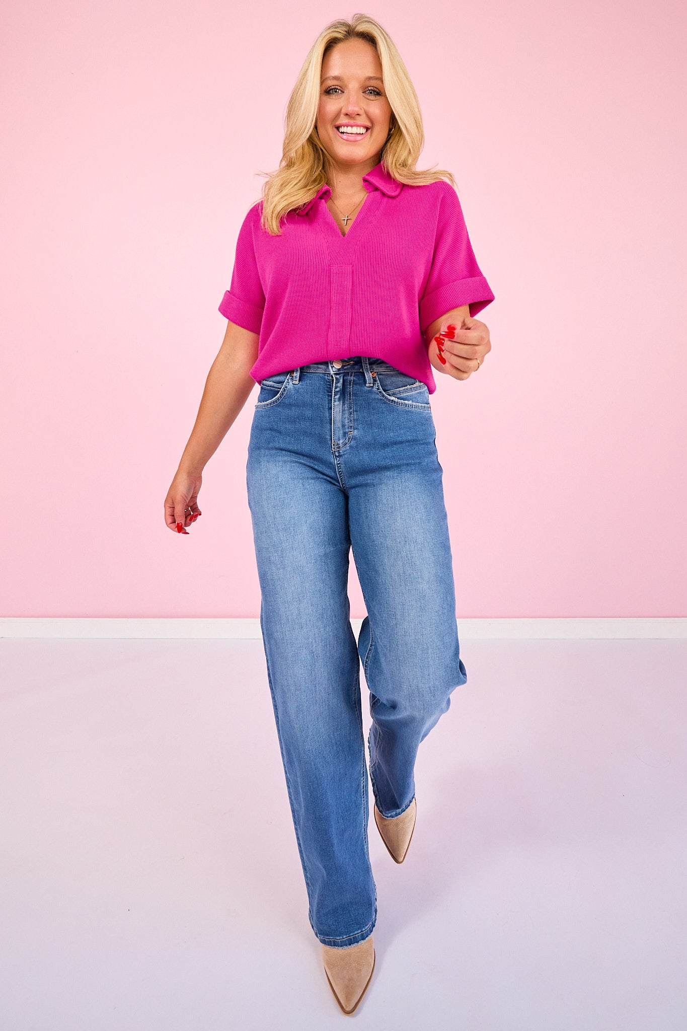 SSYS Harlie Short Sleeve Collared V Neck Waffle Knit Top in Pink *FINAL SALE*