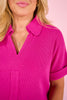 SSYS Harlie Short Sleeve Collared V Neck Waffle Knit Top in Pink *FINAL SALE*