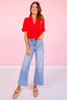 SSYS Harlie Short Sleeve Collared V Neck Waffle Knit Top in Red *FINAL SALE*