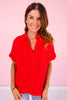 SSYS Harlie Short Sleeve Collared V Neck Waffle Knit Top in Red *FINAL SALE*