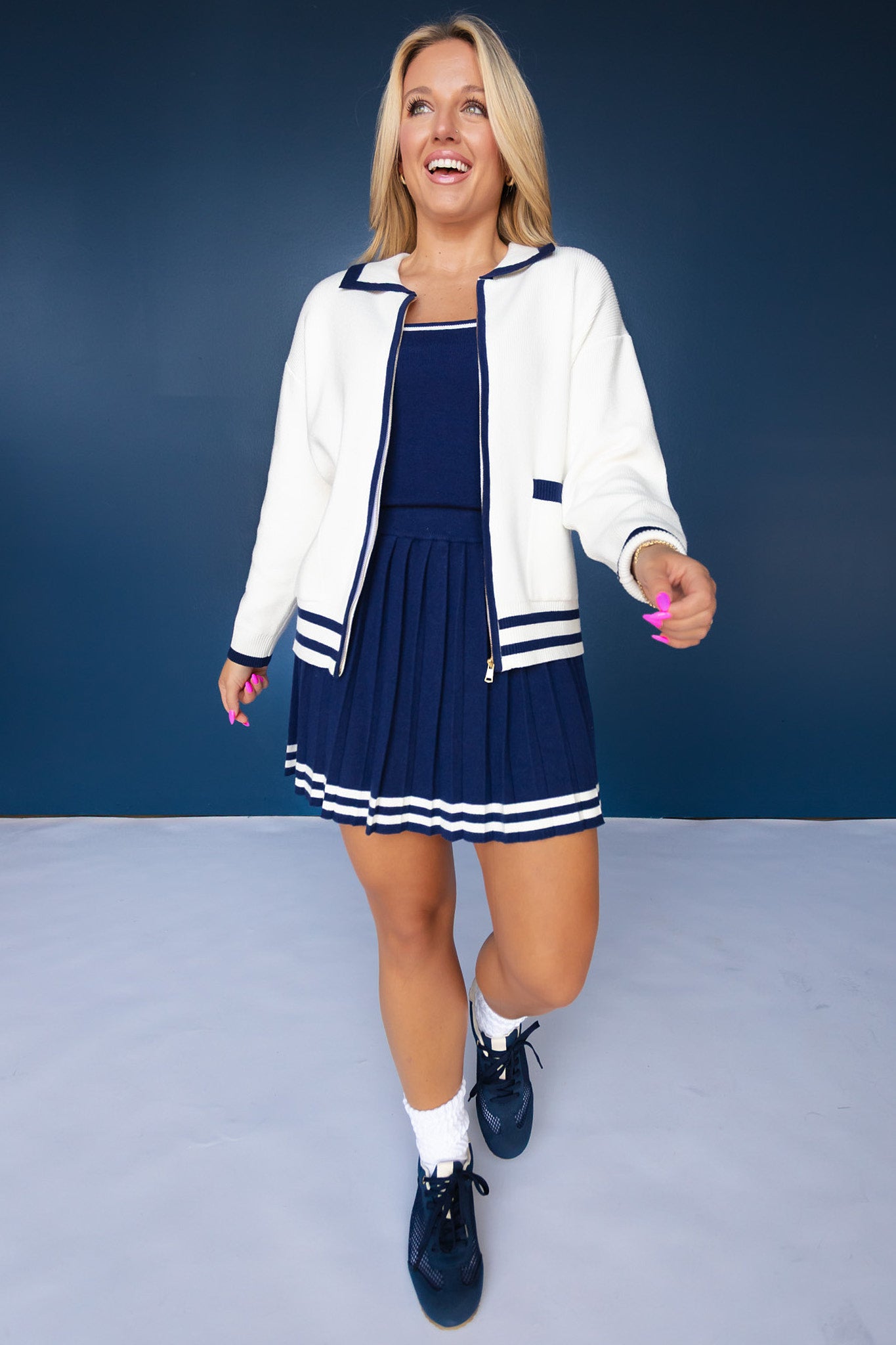 SSYS Vienna Contrast Edge Knit Cardigan In Navy and White