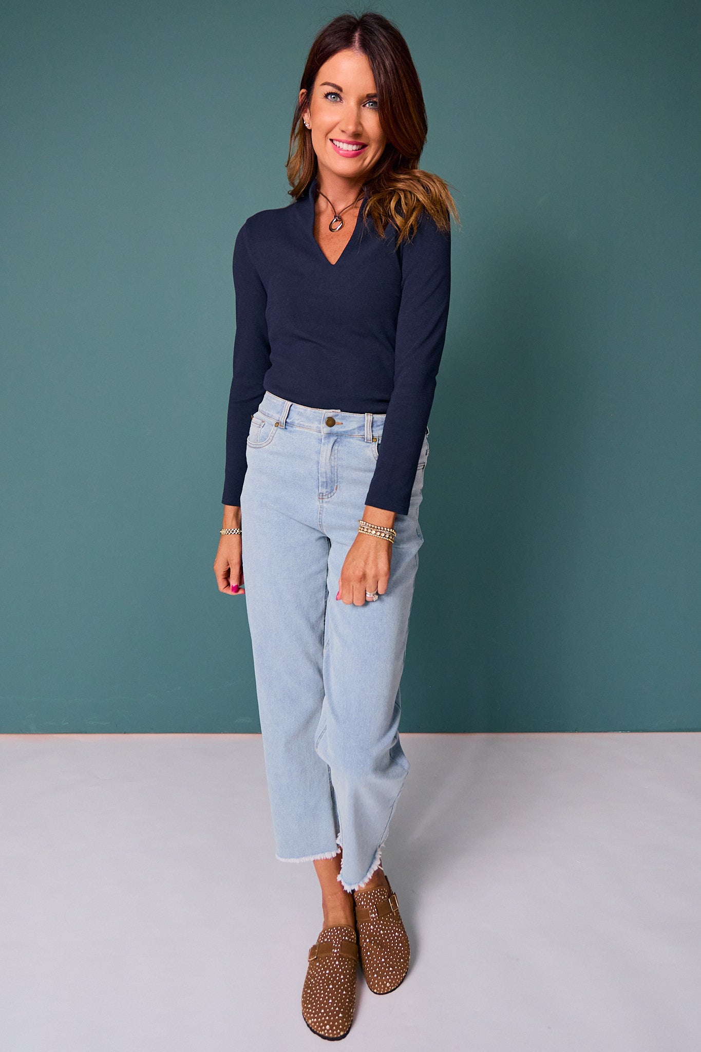 SSYS Elle High Neck Long Sleeve Top In Navy
