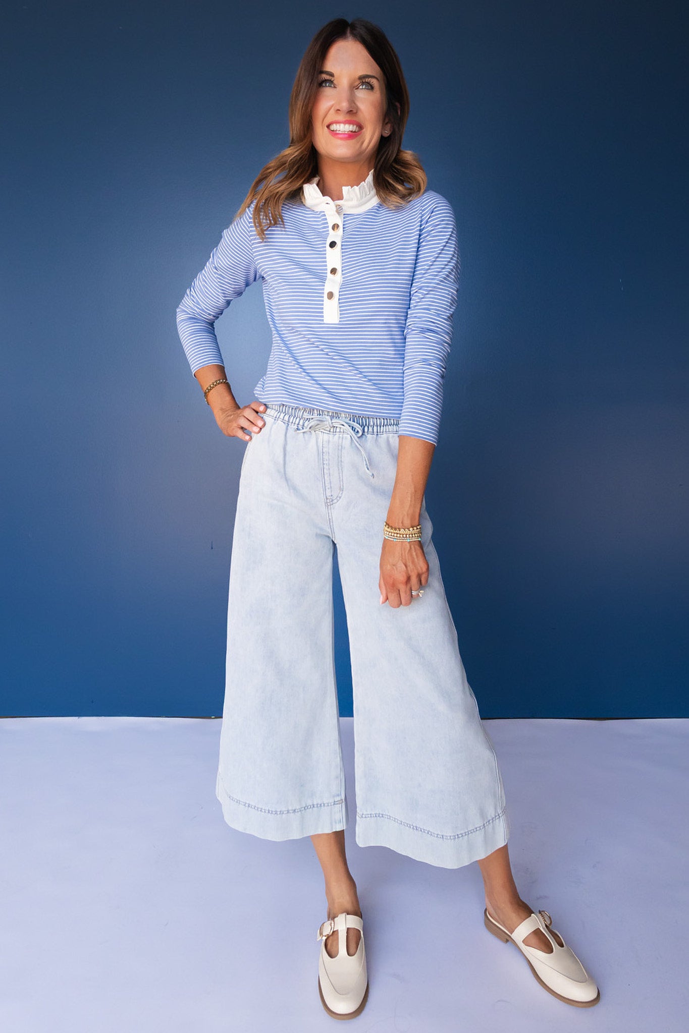 SSYS Alden Ruffle Collar Striped Long Sleeve In Cornflower