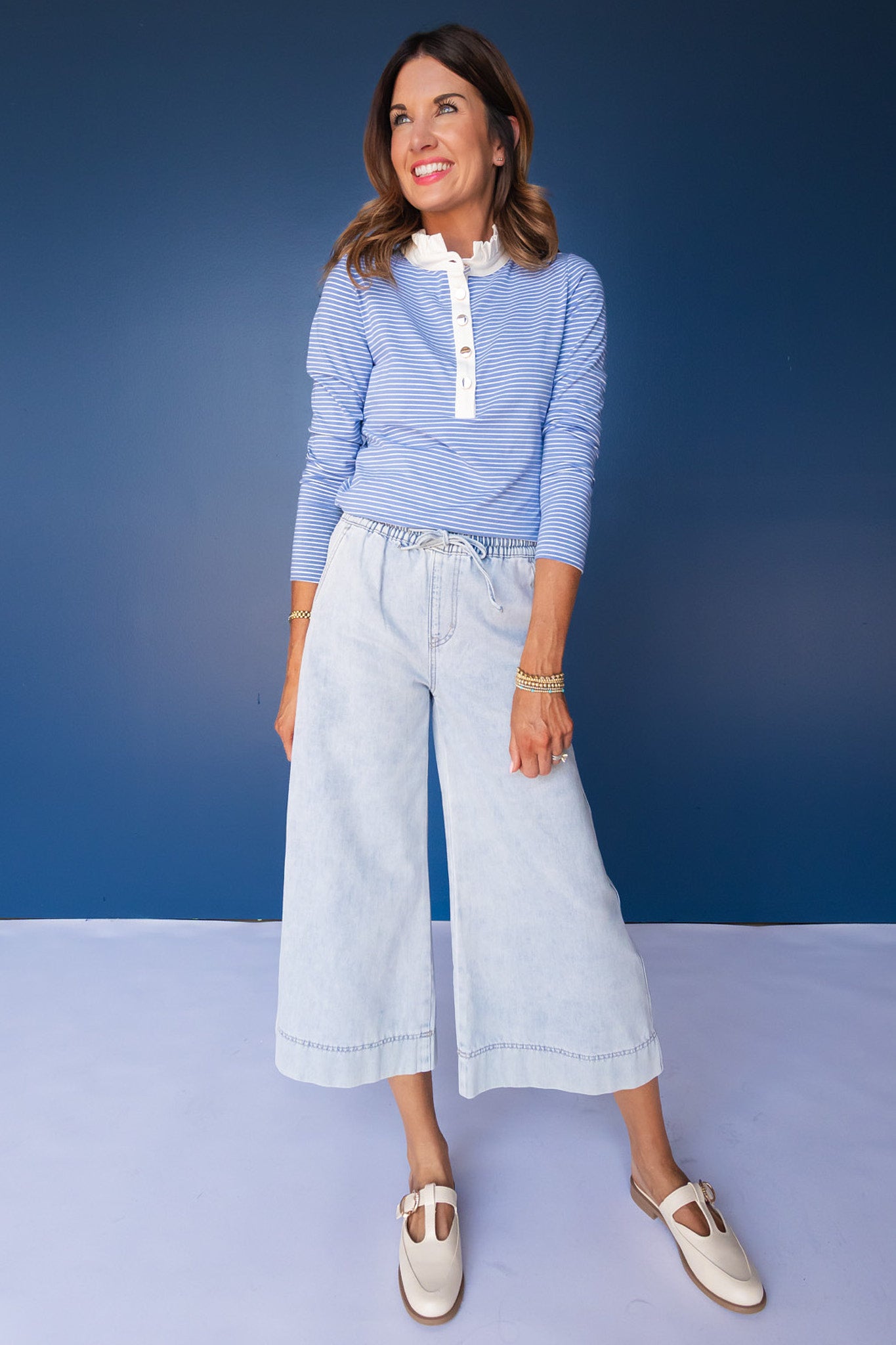 SSYS Alden Ruffle Collar Striped Long Sleeve In Cornflower
