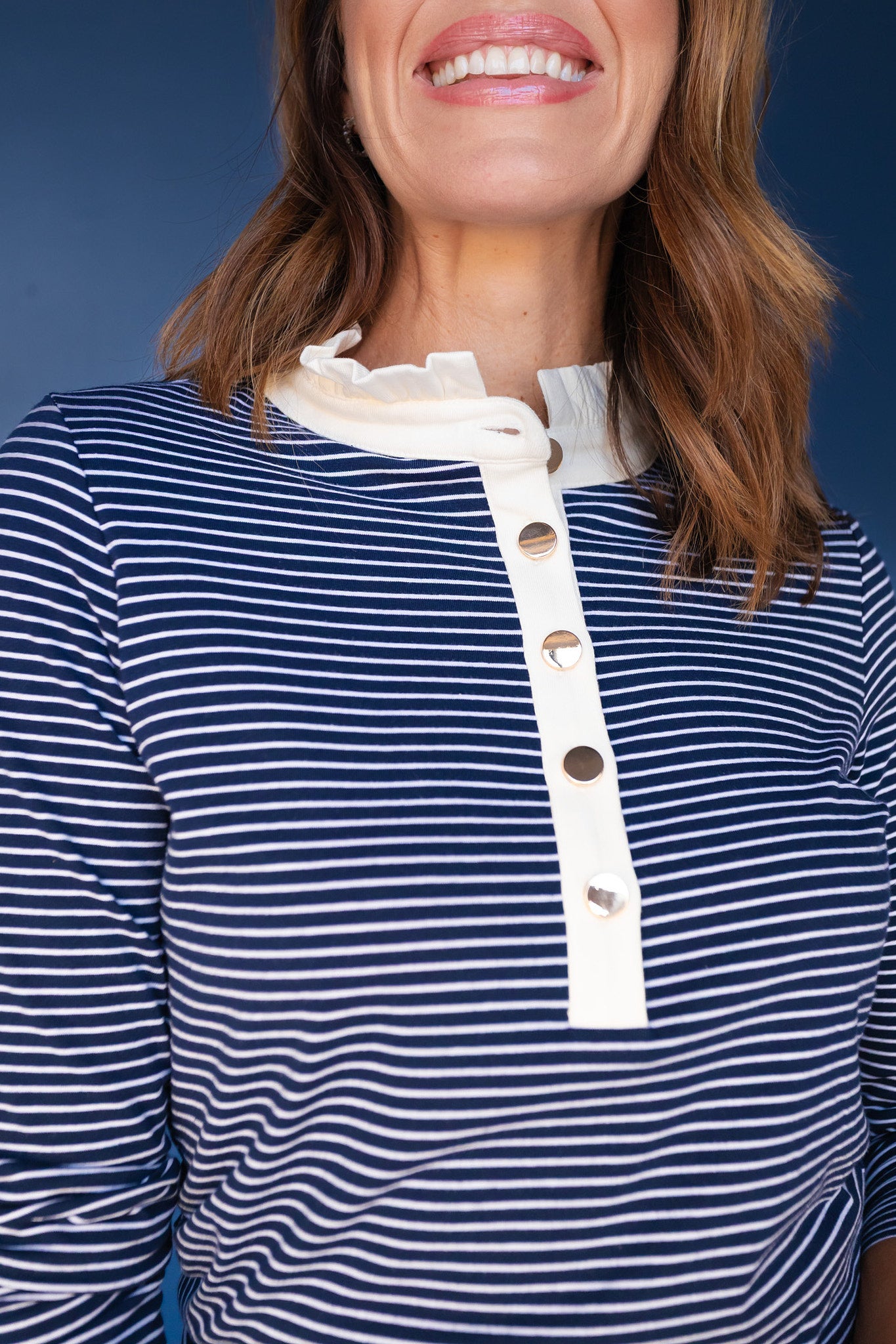 SSYS Alden Ruffle Collar Striped Long Sleeve In Navy