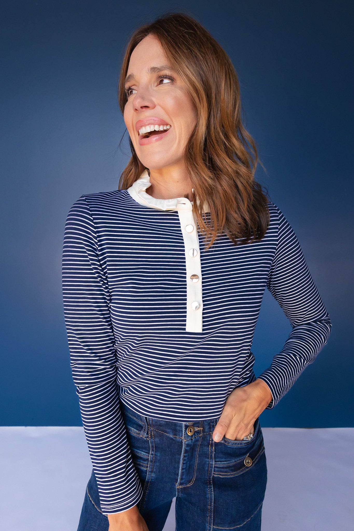 SSYS Alden Ruffle Collar Striped Long Sleeve In Navy