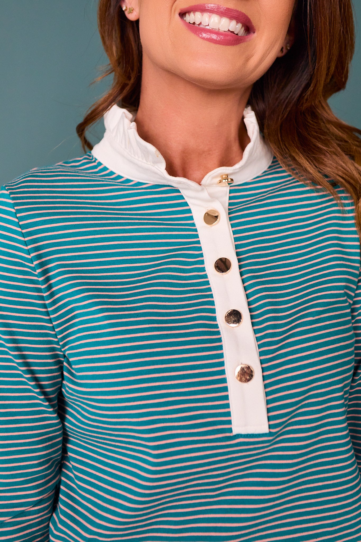 SSYS Alden Ruffle Collar Striped Long Sleeve In Teal