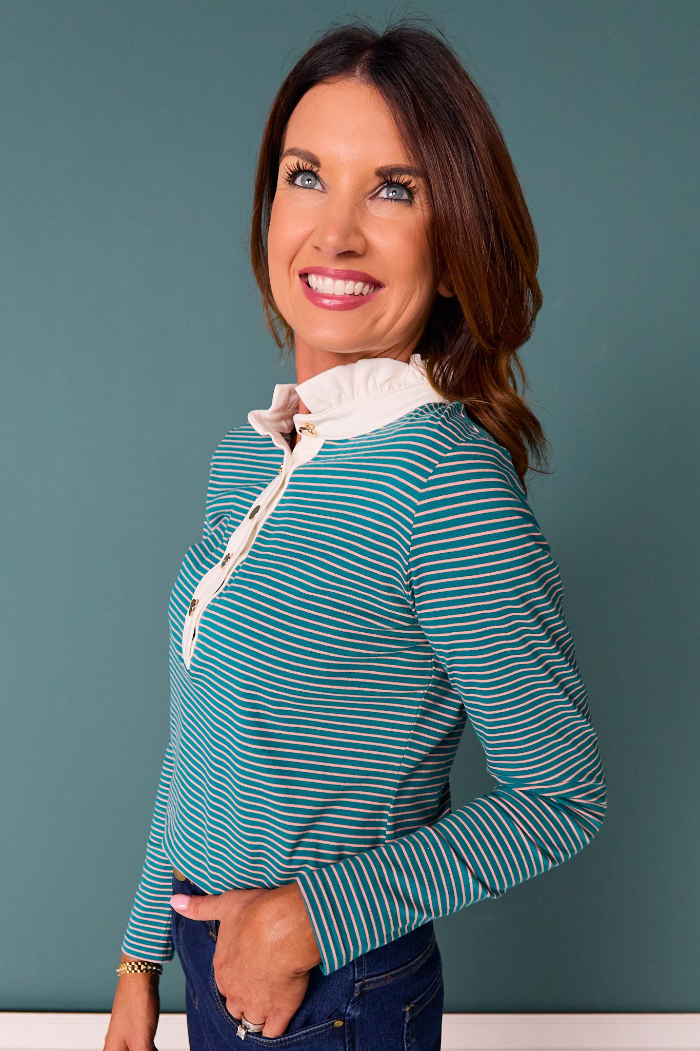 SSYS Alden Ruffle Collar Striped Long Sleeve In Teal
