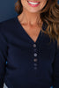 SSYS Cece Knit Long Sleeve V Neck Top With Button Detail In Navy
