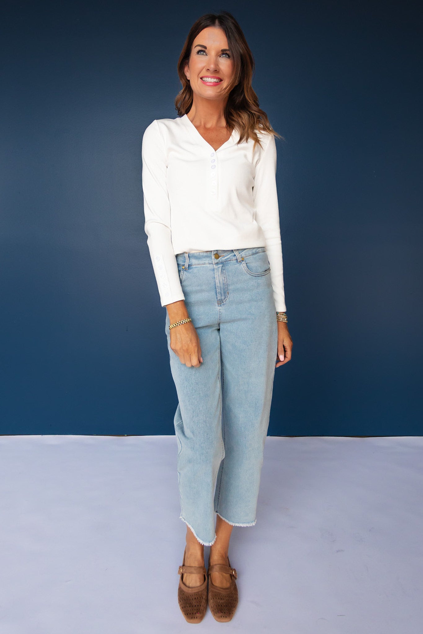 SSYS Cece Knit Long Sleeve V Neck Top With Button Detail In White