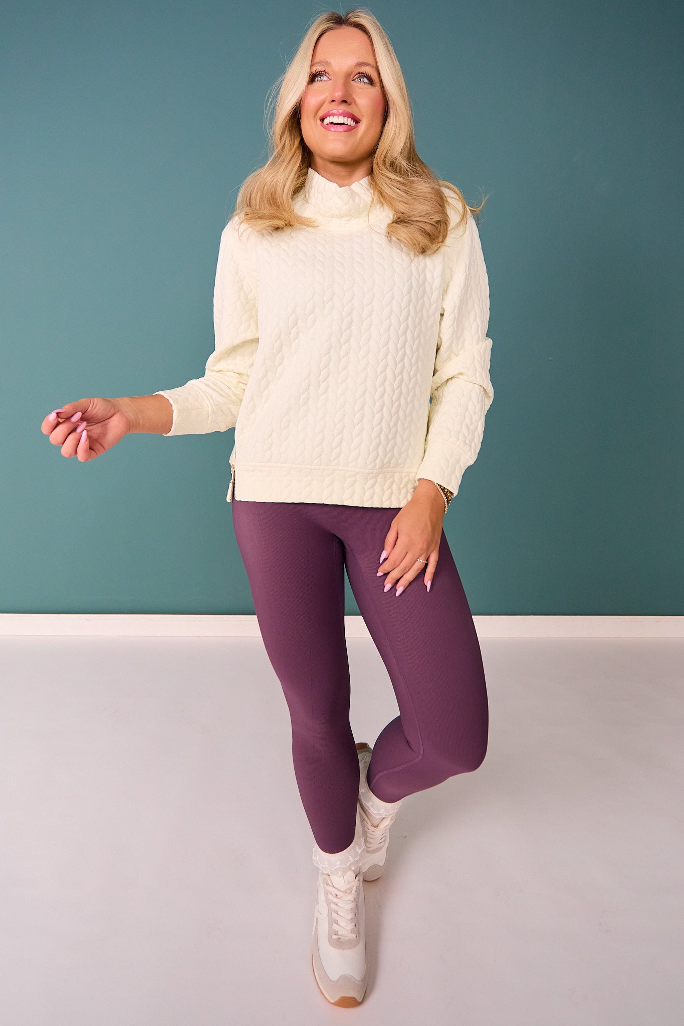 SSYS Ava Cable Quilted Pullover In Ivory With Gold Zipper