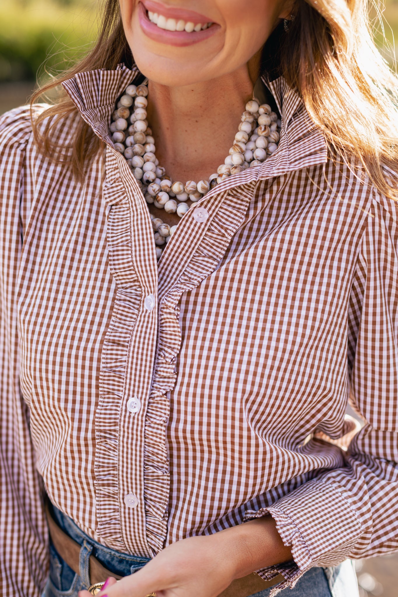 SSYS Romy Gingham Ruffle Top In Brown