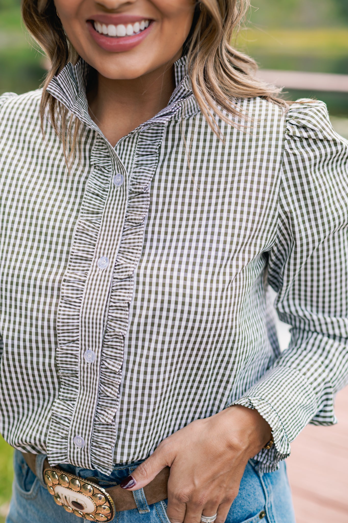 SSYS Romy Gingham Ruffle Top In Hunter