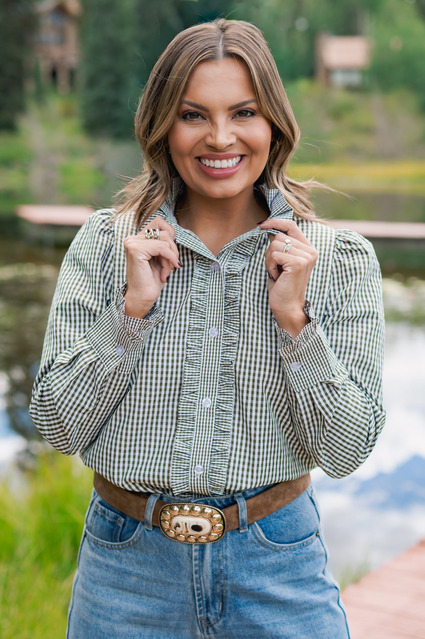 SSYS Romy Gingham Ruffle Top In Hunter