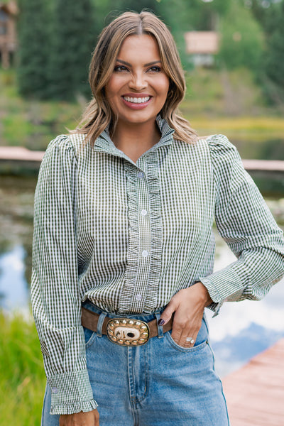 SSYS Romy Gingham Ruffle Top In Hunter