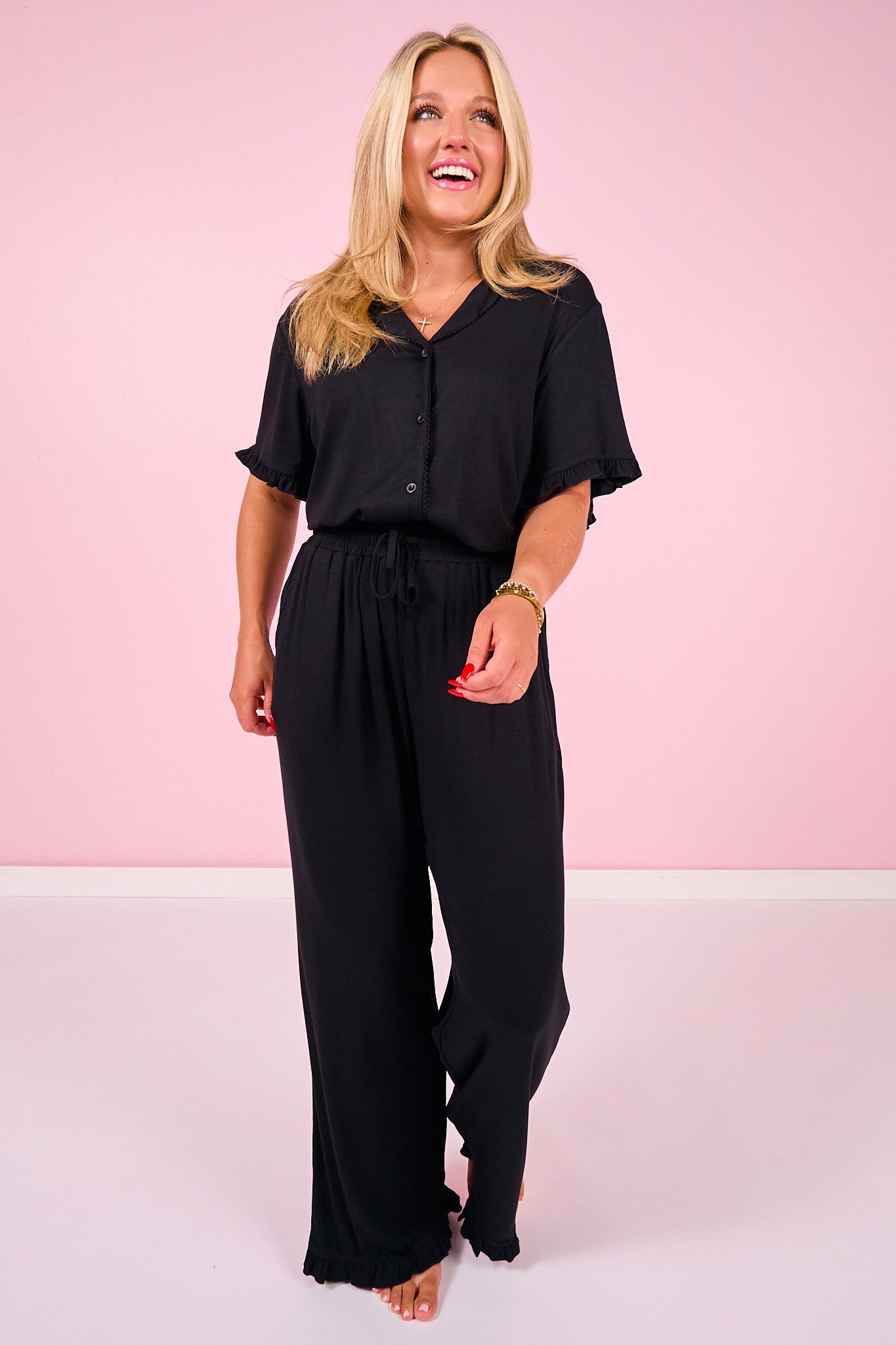 SSYS Brielle Ruffle Short Sleeve Pajama Top In Black