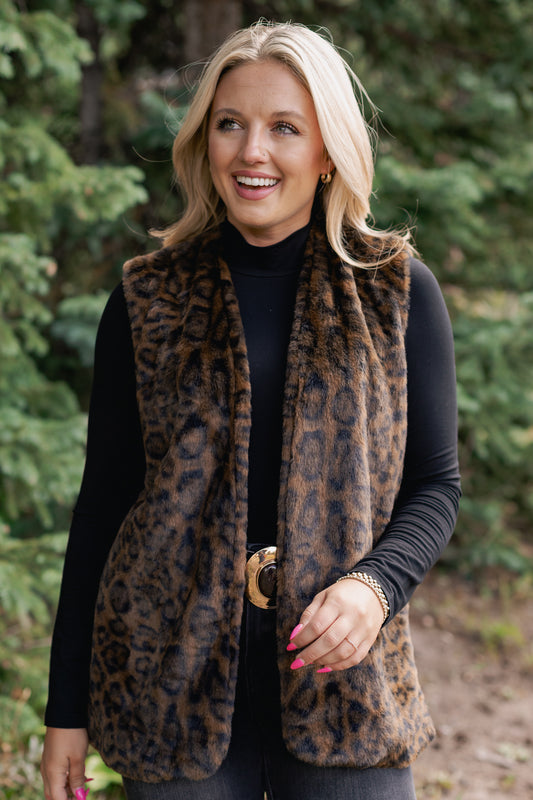 SSYS Dark Brown Animal Faux Fur Long Line Vest