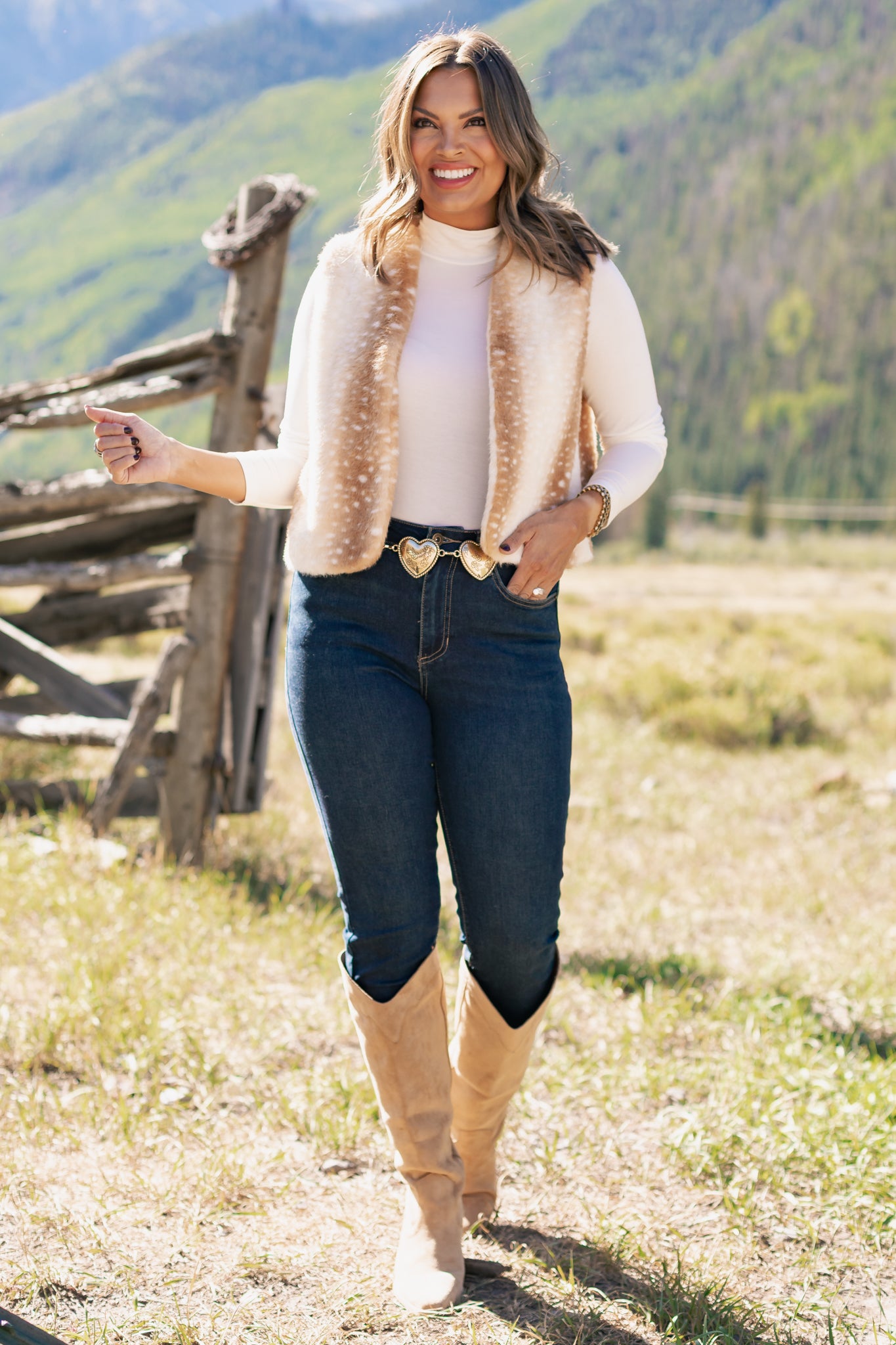 SSYS Ivory and Tan Animal Faux Fur Cropped Vest