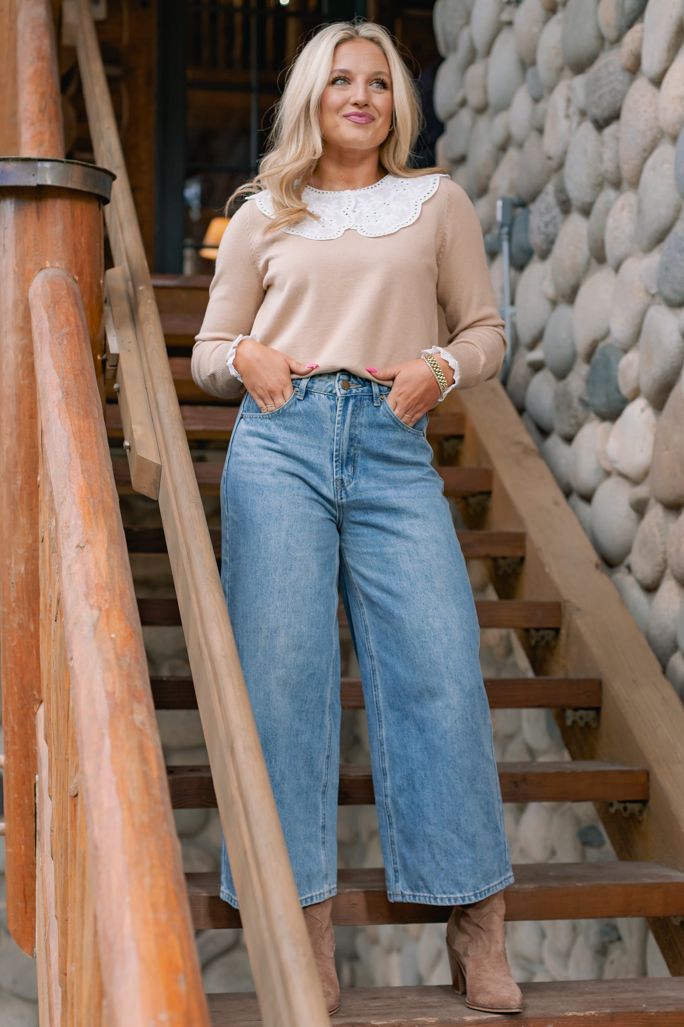 SSYS Bristol Long Sleeve Sweater With White Eyelet Collar In Beige