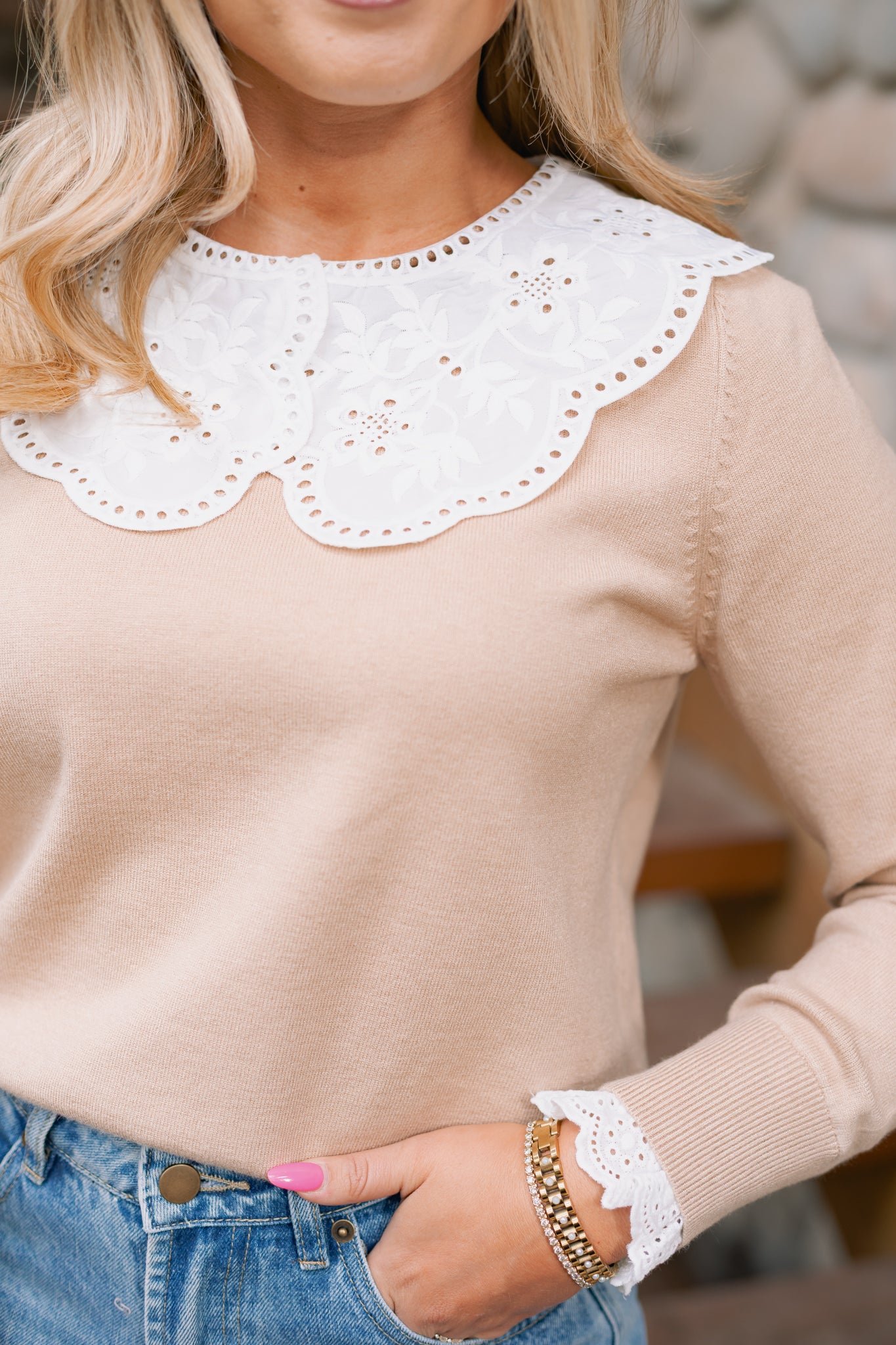 SSYS Bristol Long Sleeve Sweater With White Eyelet Collar In Beige