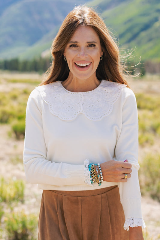 SSYS Bristol Long Sleeve Sweater With White Eyelet Collar In Ivory