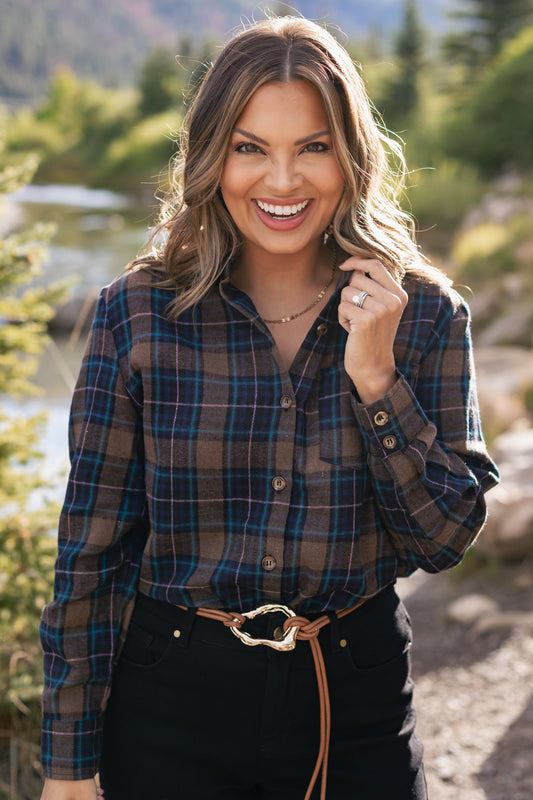 SSYS Merryn Flannel Button Down Shirt In Brown and Green Plaid