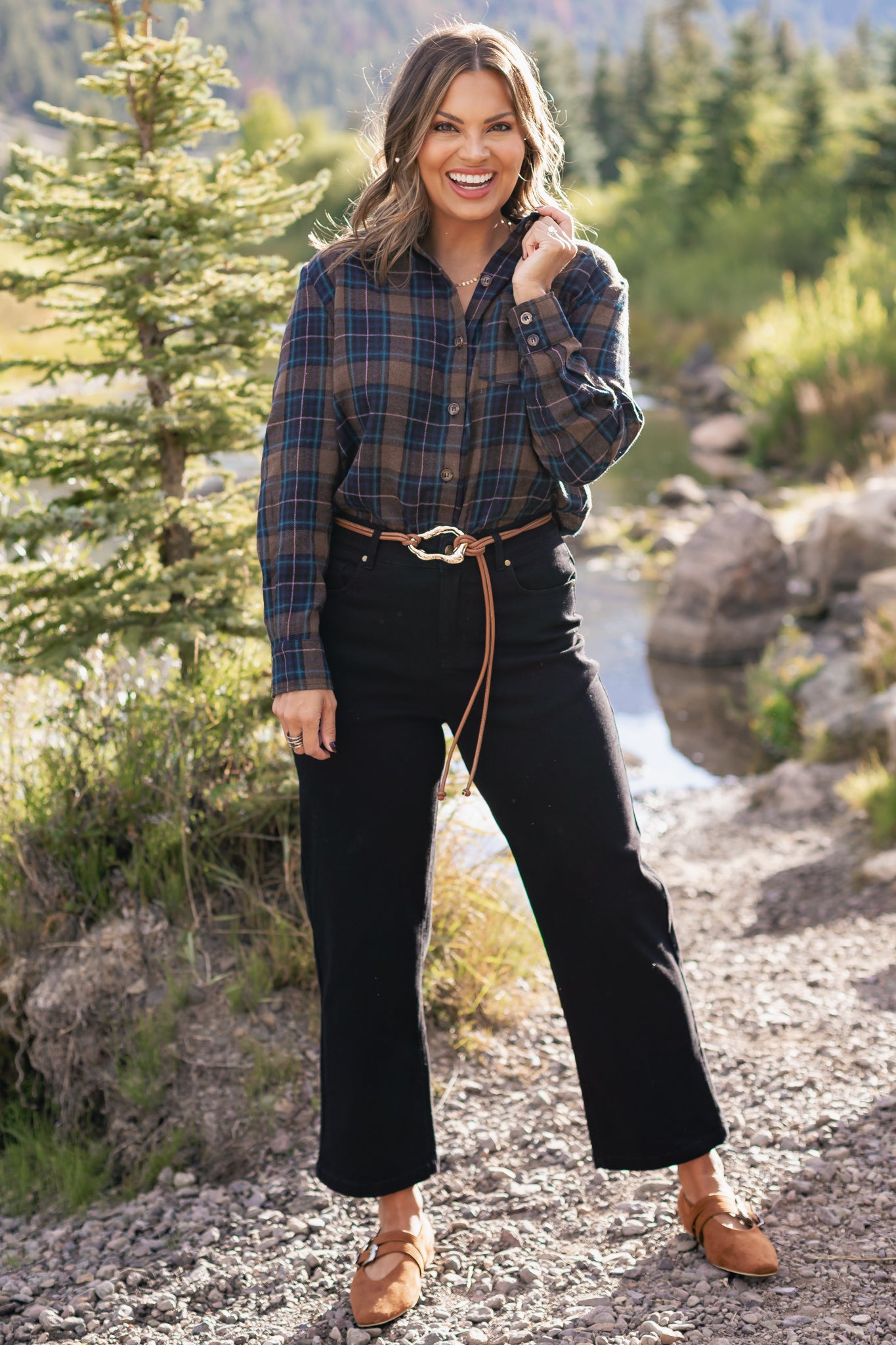 SSYS Merryn Flannel Button Down Shirt In Brown and Green Plaid