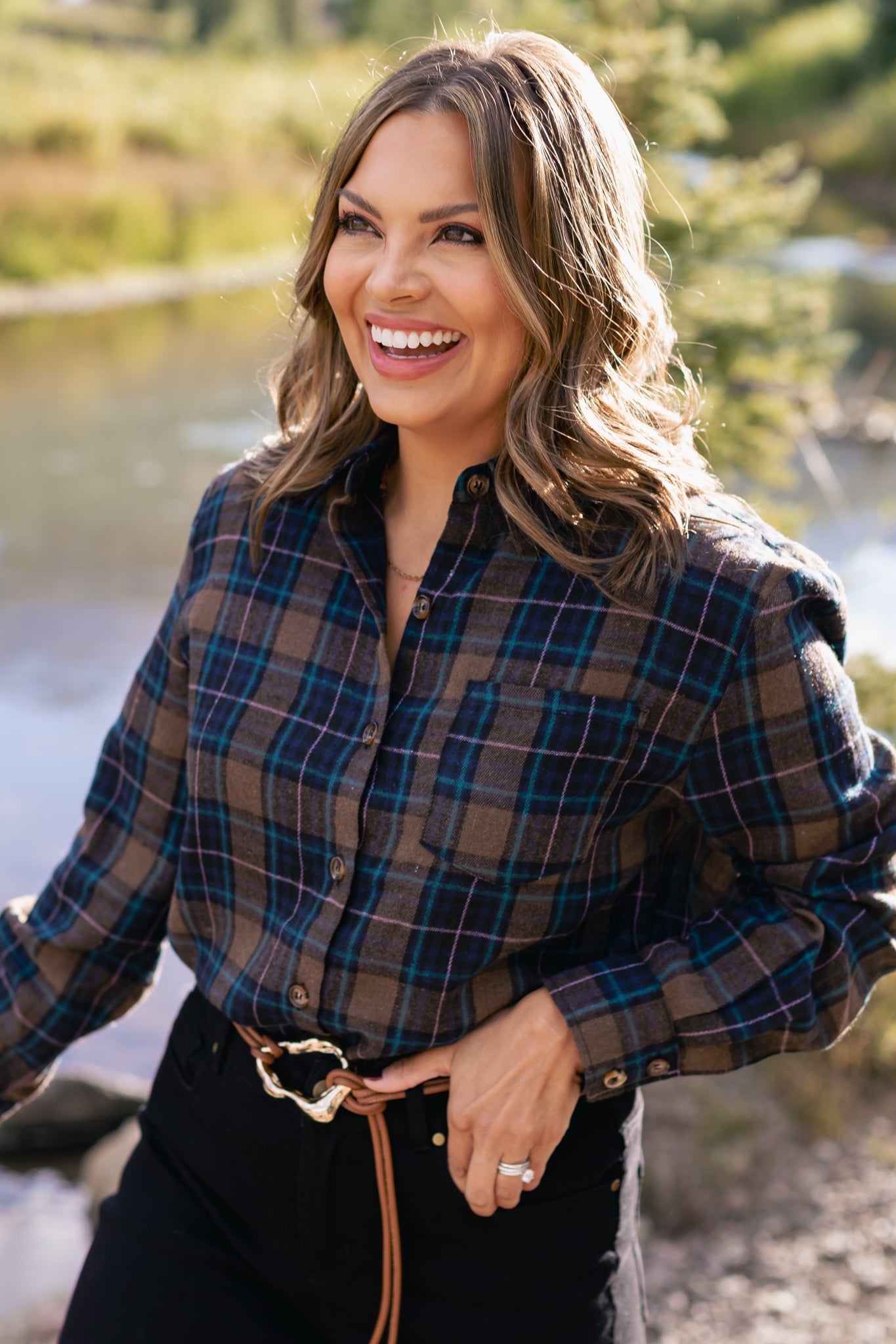 SSYS Merryn Flannel Button Down Shirt In Brown and Green Plaid