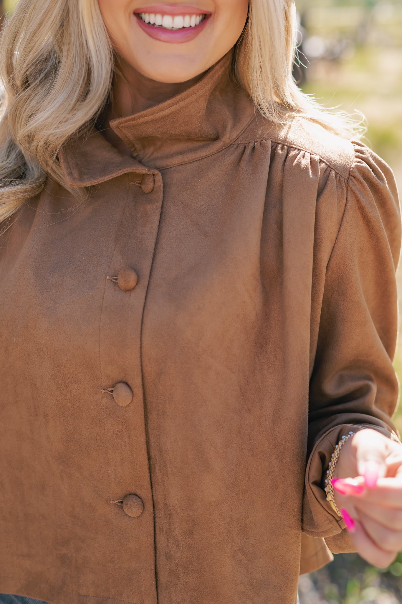 SSYS Celia Ruched Suede Long Sleeve Jacket In Tan